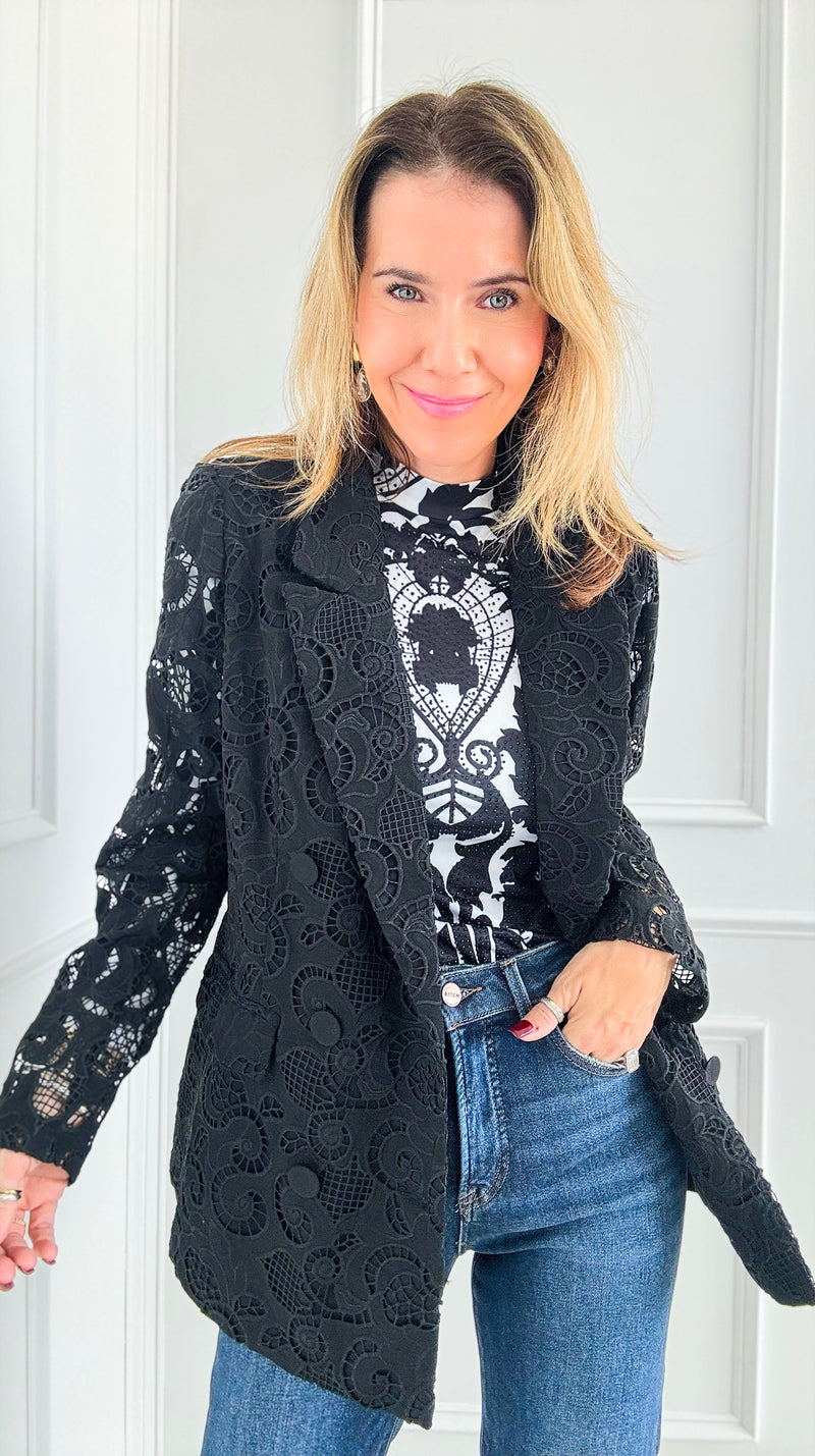 Midnight Lace Blazer-160 Jackets-Rousseau-Coastal Bloom Boutique, find the trendiest versions of the popular styles and looks Located in Indialantic, FL