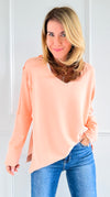 Vintage Terry Italian V-Neck Sweatshirt- Melon-130 Long Sleeve Tops-Italianissimo-Coastal Bloom Boutique, find the trendiest versions of the popular styles and looks Located in Indialantic, FL