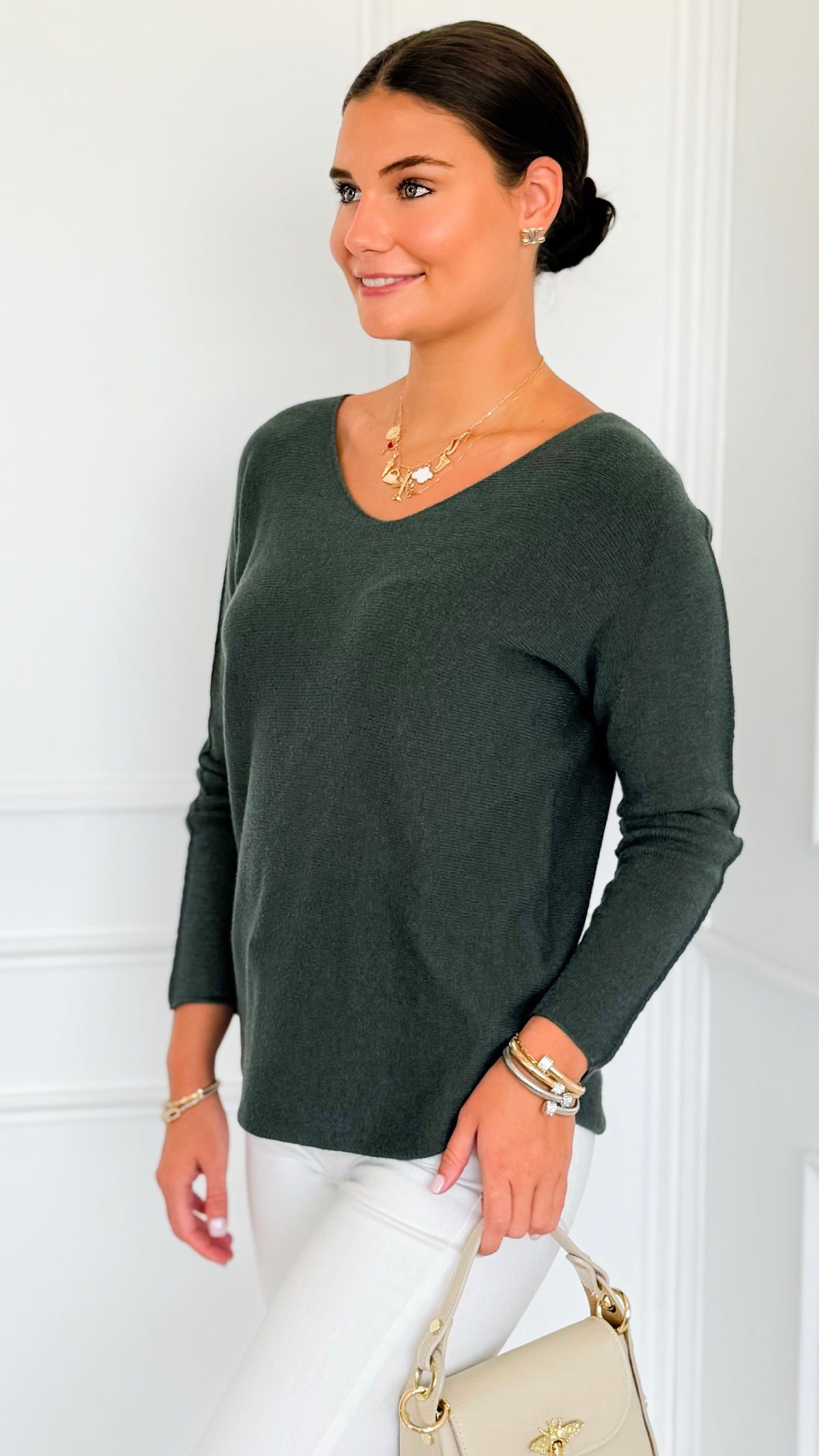 Soho Italian V-Neck Pullover - Army Green-140 Sweaters-Italianissimo-Coastal Bloom Boutique, find the trendiest versions of the popular styles and looks Located in Indialantic, FL