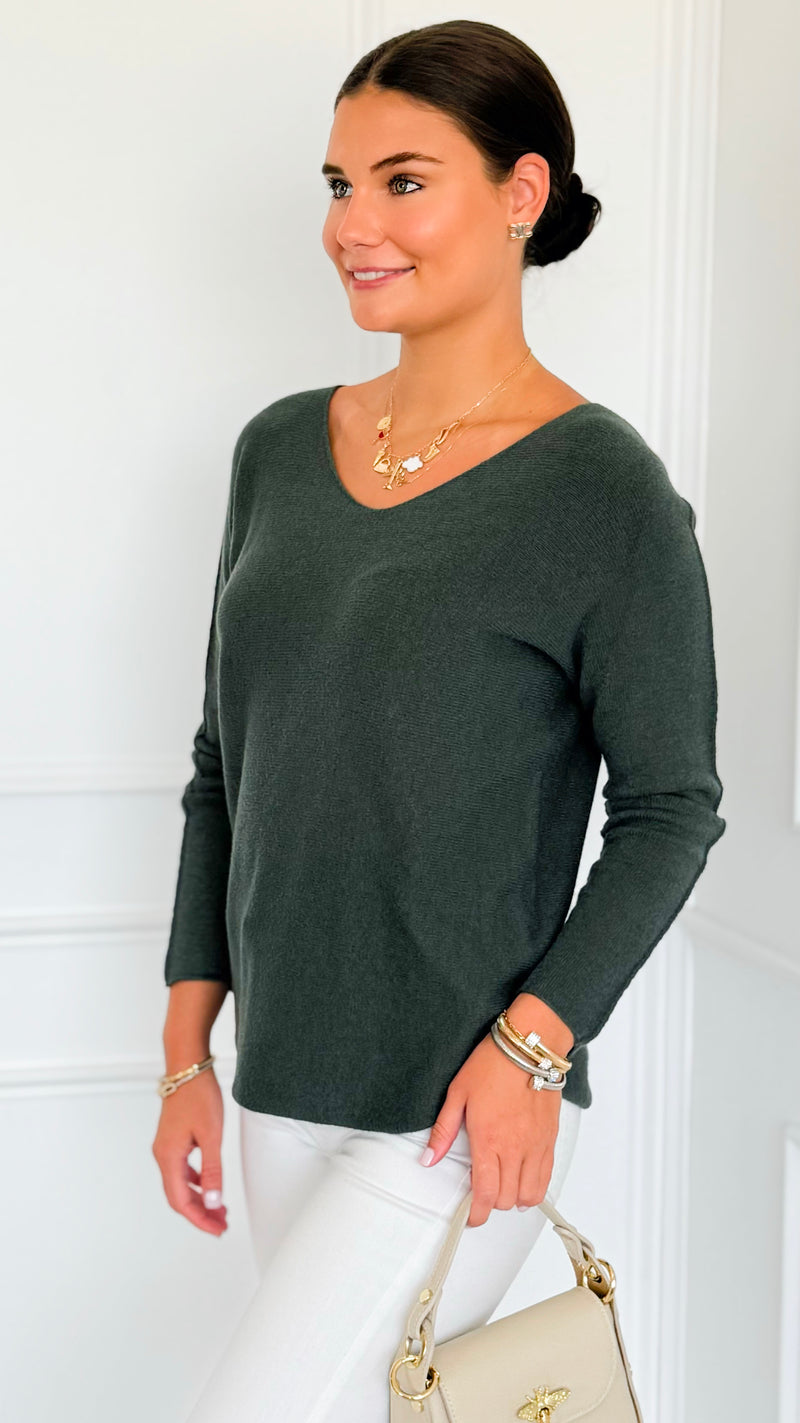 Soho Italian V-Neck Pullover - Army Green-140 Sweaters-Italianissimo-Coastal Bloom Boutique, find the trendiest versions of the popular styles and looks Located in Indialantic, FL