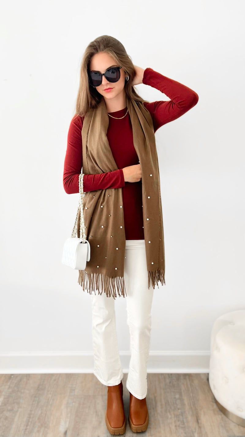 Pearl Embellished Oblong Scarf - Brown-260 Other Accessories-Wona Trading-Coastal Bloom Boutique, find the trendiest versions of the popular styles and looks Located in Indialantic, FL