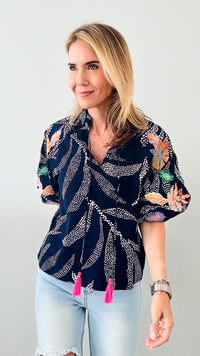 Floral Embroidered Puff Sleeves Blouse-Navy-110 Short Sleeve Tops-THML-Coastal Bloom Boutique, find the trendiest versions of the popular styles and looks Located in Indialantic, FL