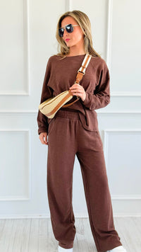 Relax Mode Long Sleeve Slub Knit Set - Brown-210 Loungewear/Sets-Zenana-Coastal Bloom Boutique, find the trendiest versions of the popular styles and looks Located in Indialantic, FL