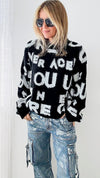 Bold Graphic Sweater - Black/White-140 Sweaters-Rousseau-Coastal Bloom Boutique, find the trendiest versions of the popular styles and looks Located in Indialantic, FL