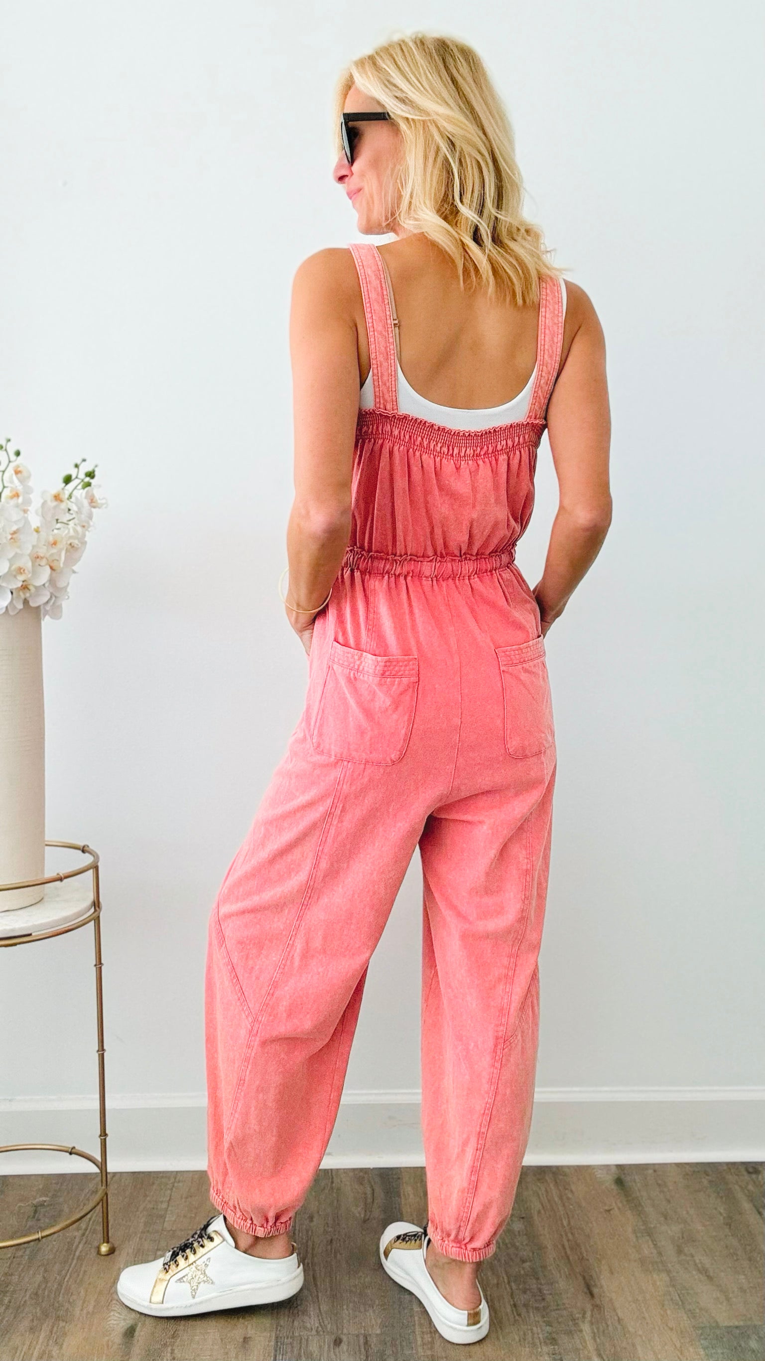 Acid Wash Drawstring Jumpsuit - Coral-200 Dresses/Jumpsuits/Rompers-ee:some-Coastal Bloom Boutique, find the trendiest versions of the popular styles and looks Located in Indialantic, FL