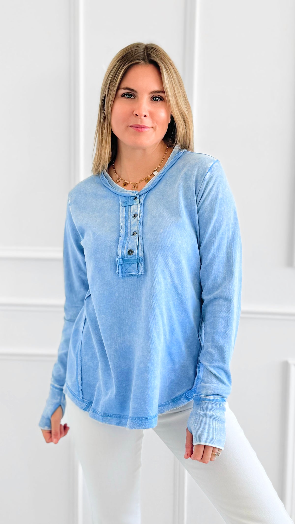Sunday Stroll Mineral Wash Henley Top - Deep Sky-110 Long Sleeve Tops-Zenana-Coastal Bloom Boutique, find the trendiest versions of the popular styles and looks Located in Indialantic, FL