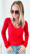 Ribbed V Neck Sweater - Red-140 Sweaters-Michel-Coastal Bloom Boutique, find the trendiest versions of the popular styles and looks Located in Indialantic, FL