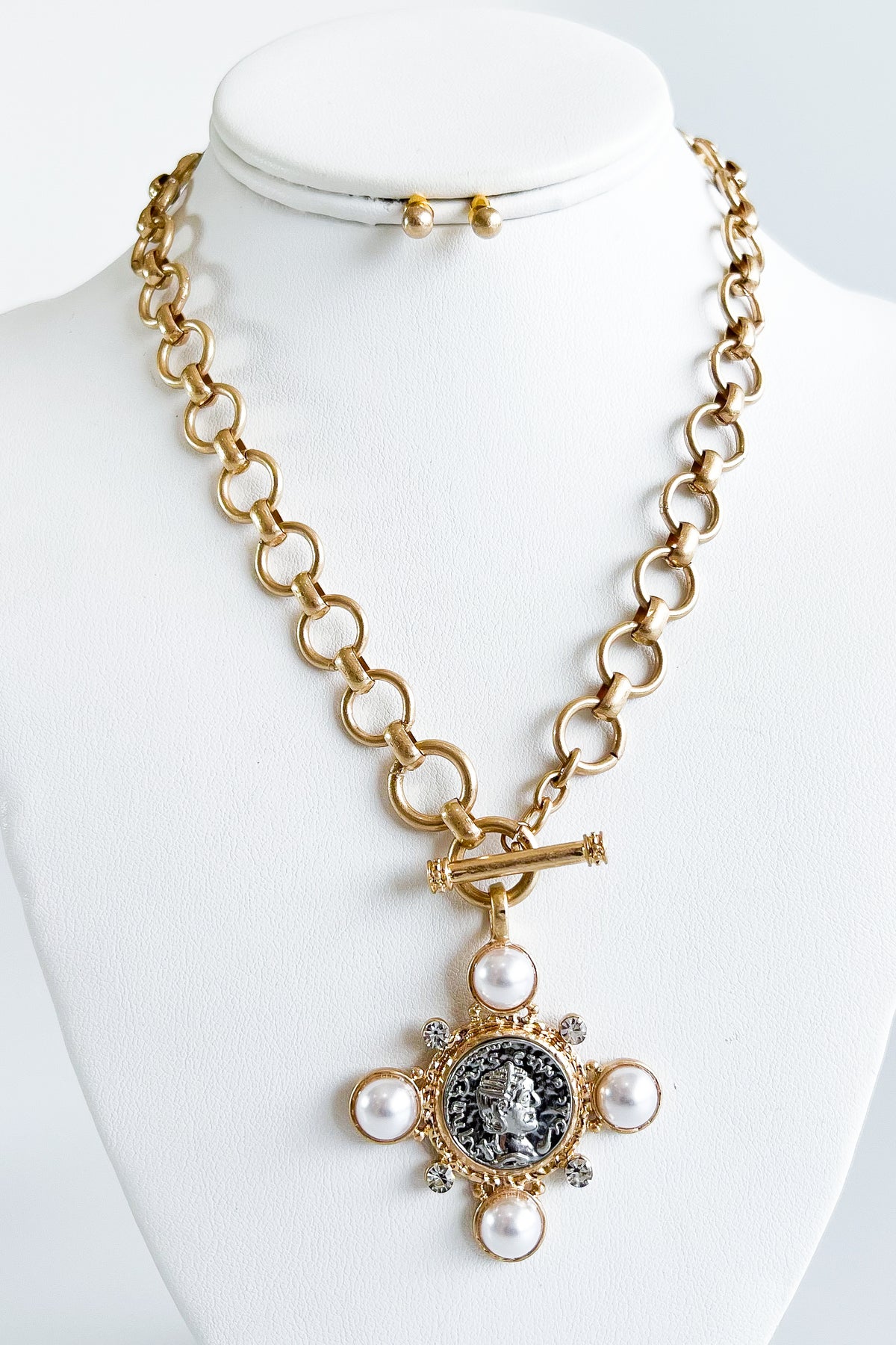 Stationed Pearl Coin Toggle Necklace Set-230 Jewelry-Golden Stella-Coastal Bloom Boutique, find the trendiest versions of the popular styles and looks Located in Indialantic, FL
