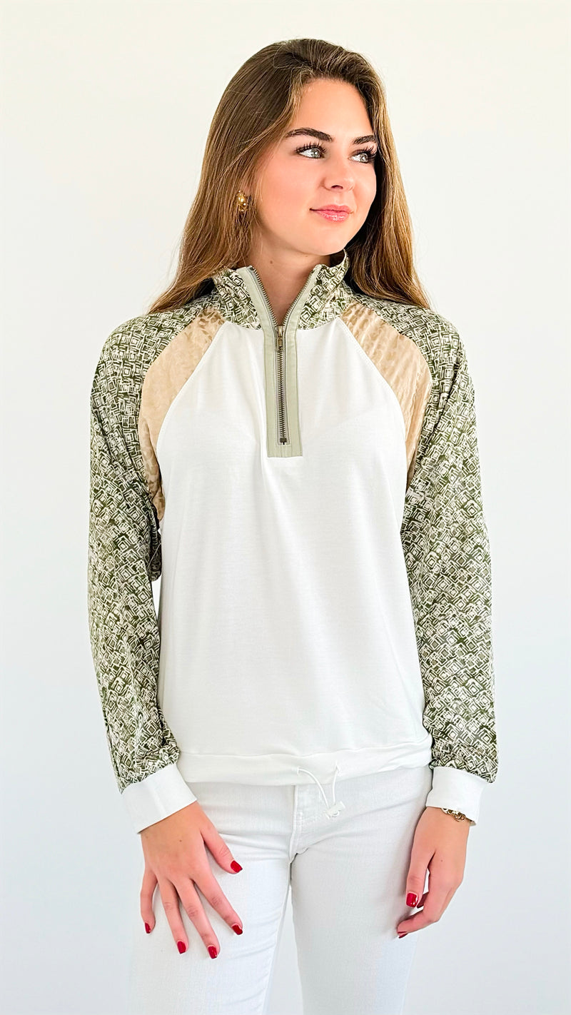 Patchwork Charm Quarter-Zip Sweatshirt-130 Long Sleeve Tops-mystree-Coastal Bloom Boutique, find the trendiest versions of the popular styles and looks Located in Indialantic, FL