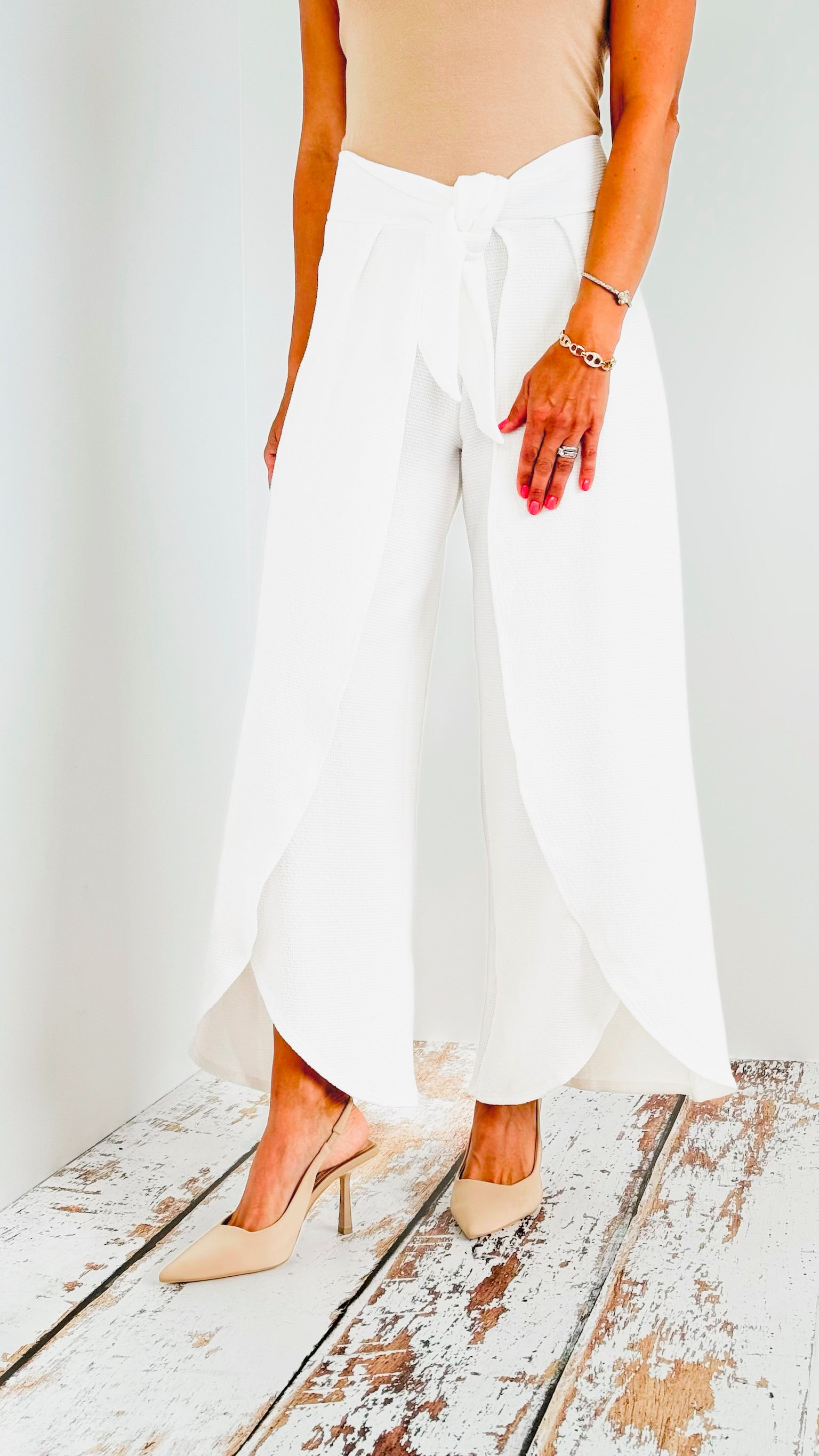 High-Waisted Split-Leg Pants with Front Tie - White-pants-BucketList-Coastal Bloom Boutique, find the trendiest versions of the popular styles and looks Located in Indialantic, FL