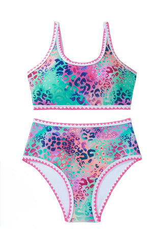 Neon Leopard Trim High Waist Swimsuit