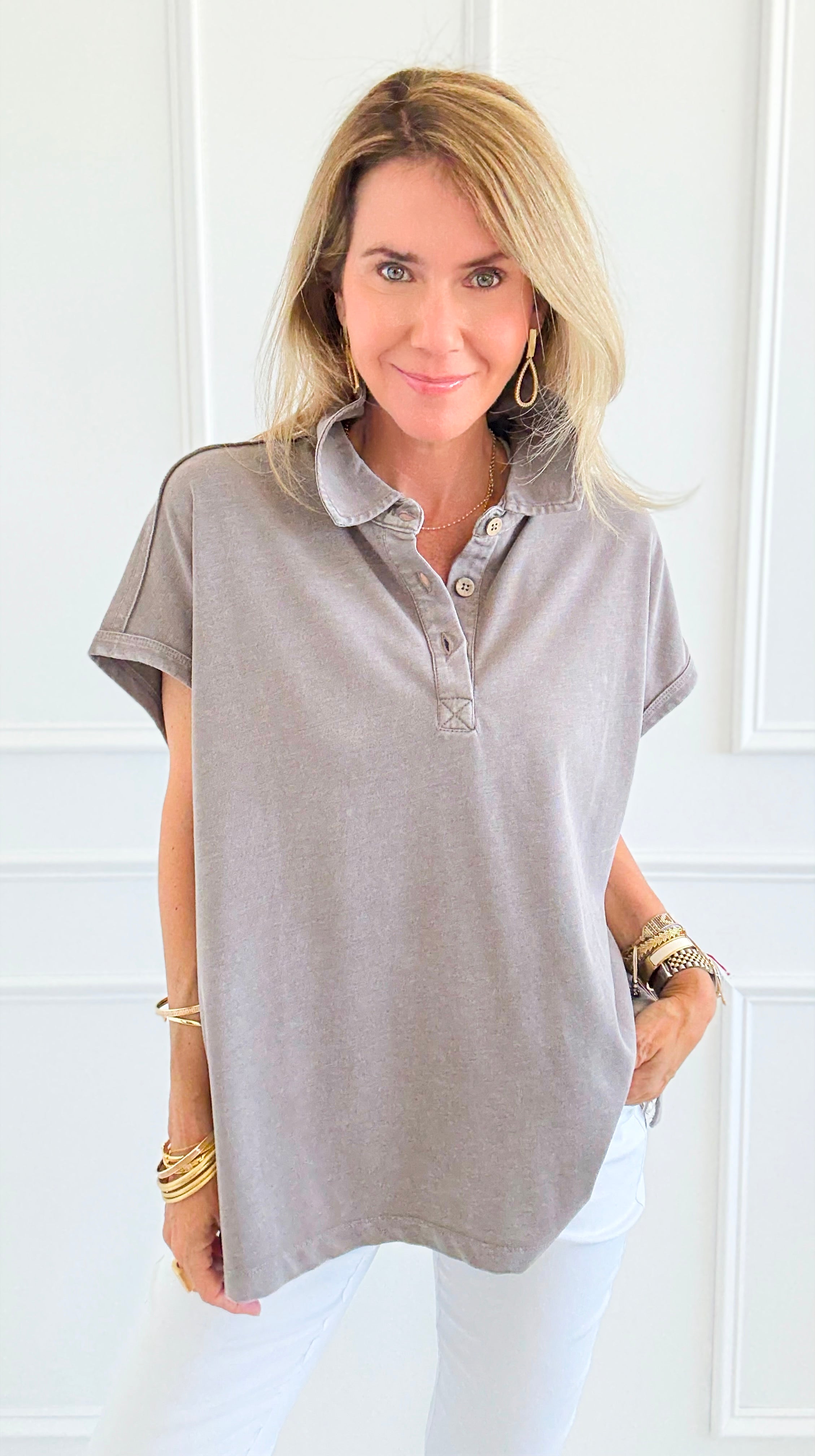 Washed Relax Polo Top - Mocha-110 Short Sleeve Tops-Rae Mode-Coastal Bloom Boutique, find the trendiest versions of the popular styles and looks Located in Indialantic, FL