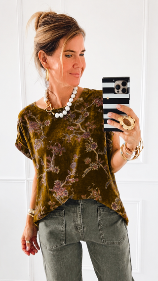 Velvet Floral Boxy Top - Mustard