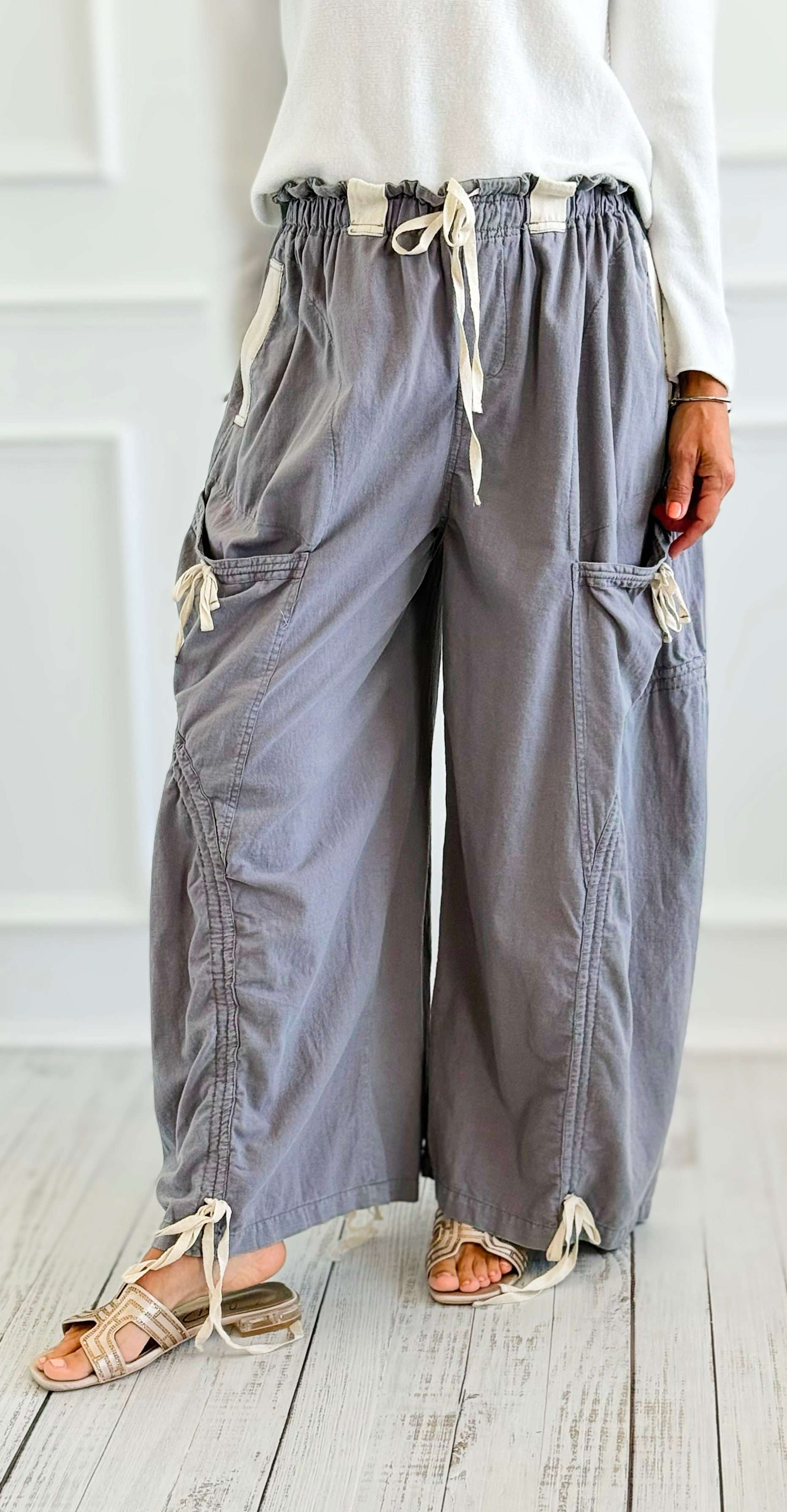 Wide-Leg Drawstring Cotton Pants -Blue Grey-170 Bottoms-Blue Velvet-Coastal Bloom Boutique, find the trendiest versions of the popular styles and looks Located in Indialantic, FL