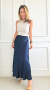 Brooklyn Italian Satin Midi Skirt - Navy-170 Bottoms-Italianissimo-Coastal Bloom Boutique, find the trendiest versions of the popular styles and looks Located in Indialantic, FL