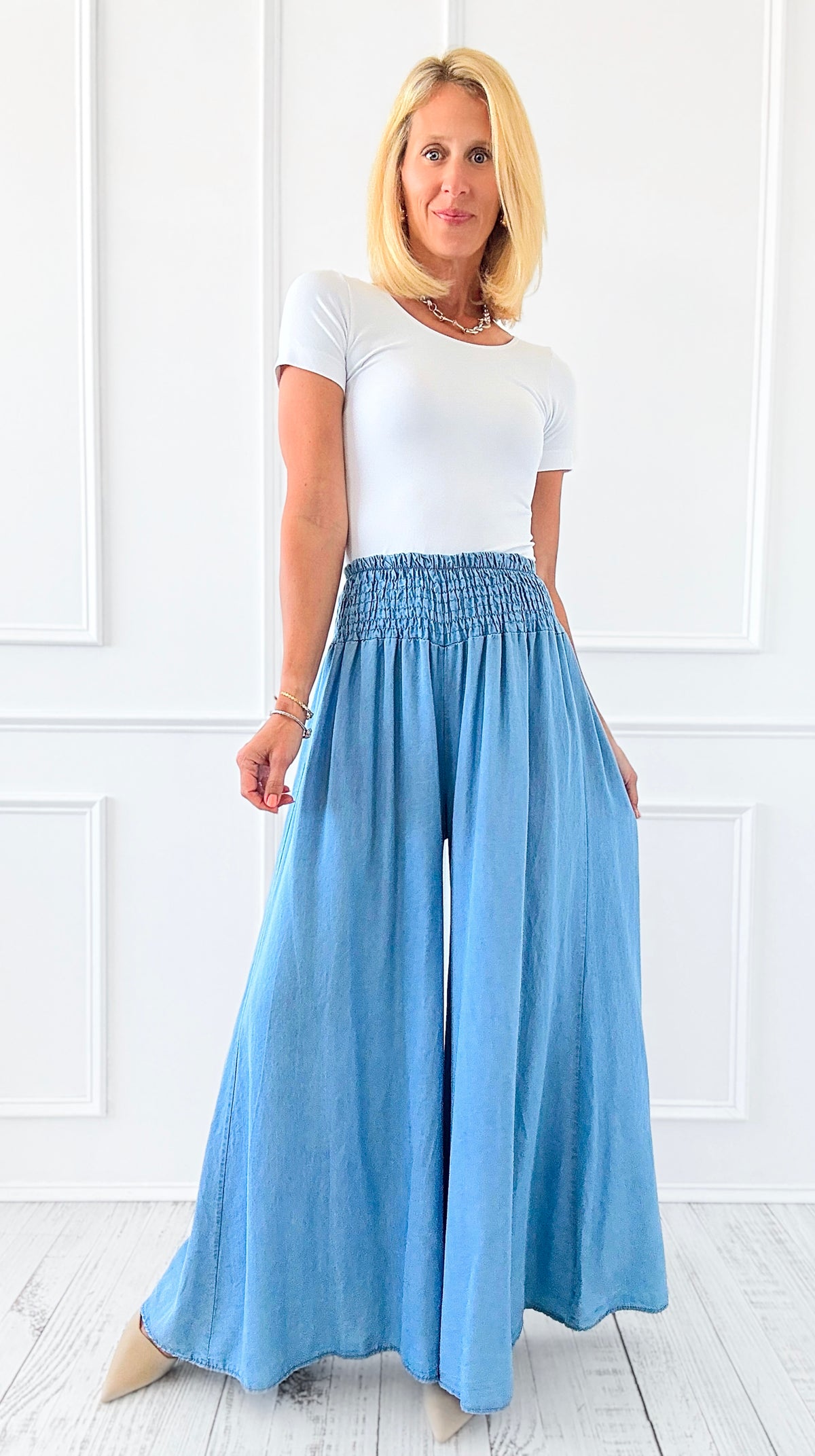 Denim Breezy Italian Palazzo Pant-100 Pants-Italianissimo-Coastal Bloom Boutique, find the trendiest versions of the popular styles and looks Located in Indialantic, FL