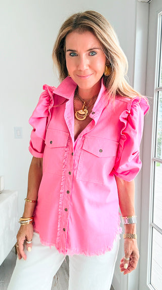 Linen Ruffle Button-Up Shirt - Bubblegum