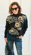 Sequin Blossom Italian Knit Sweater- Black-140 Sweaters-AZUL MONACO-Coastal Bloom Boutique, find the trendiest versions of the popular styles and looks Located in Indialantic, FL