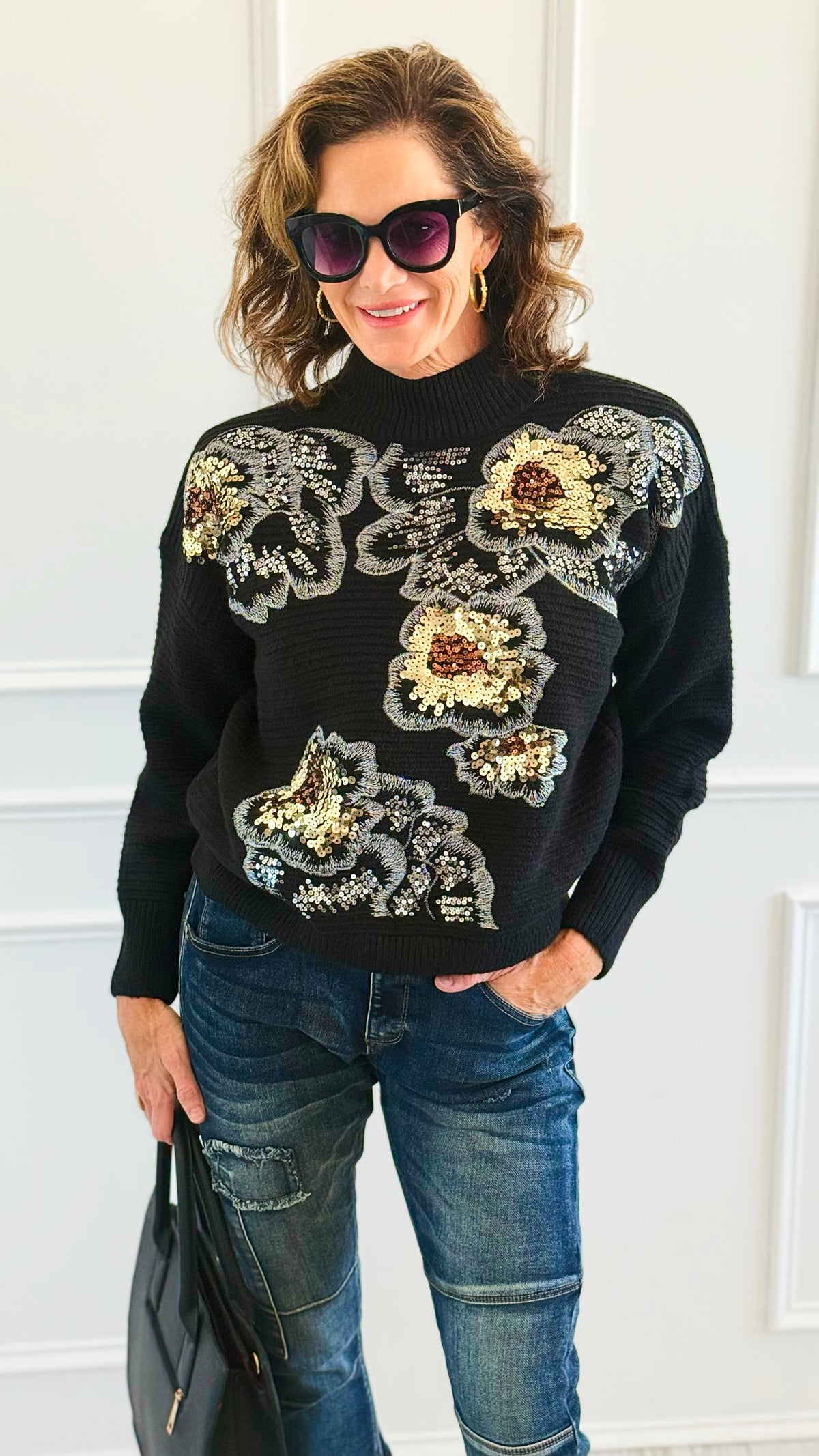 Sequin Blossom Italian Knit Sweater- Black-140 Sweaters-AZUL MONACO-Coastal Bloom Boutique, find the trendiest versions of the popular styles and looks Located in Indialantic, FL