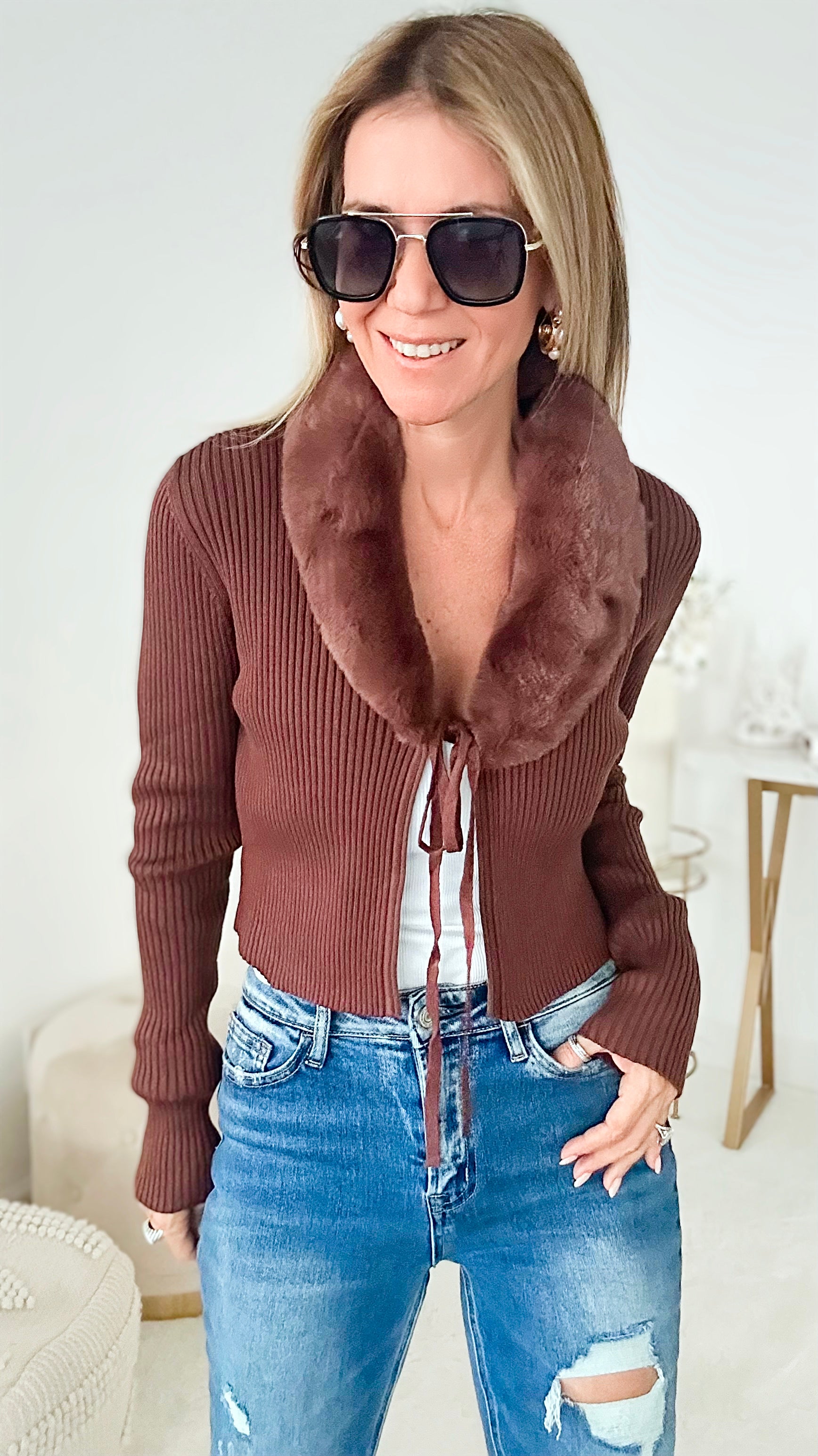 Fluffy Collar Tie Cardigan - Brown-160 Jackets-Love Tree Fashion-Coastal Bloom Boutique, find the trendiest versions of the popular styles and looks Located in Indialantic, FL