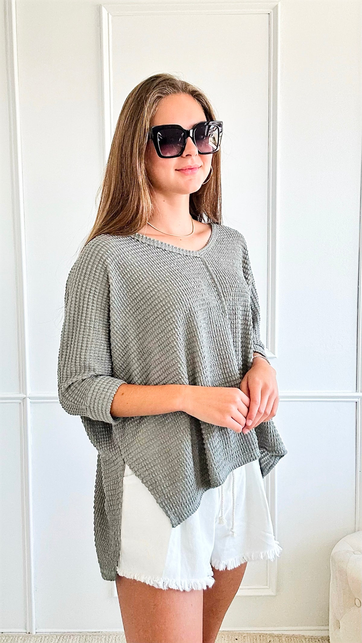 Hi-Low Hem Jacquard Sweater - Light Olive-140 Sweaters-Zenana-Coastal Bloom Boutique, find the trendiest versions of the popular styles and looks Located in Indialantic, FL