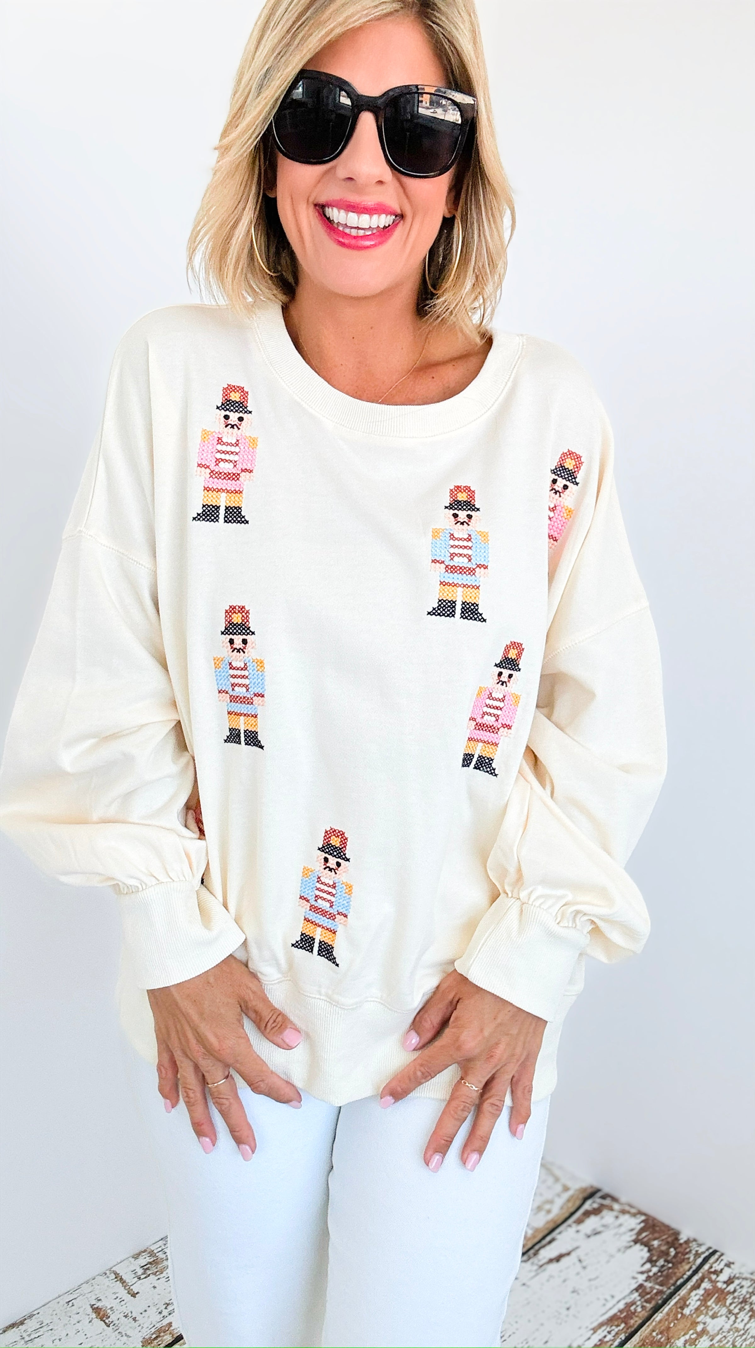 Nutcracker Cross Stitch Sweatshirt-140 Sweaters-Peach Love California-Coastal Bloom Boutique, find the trendiest versions of the popular styles and looks Located in Indialantic, FL