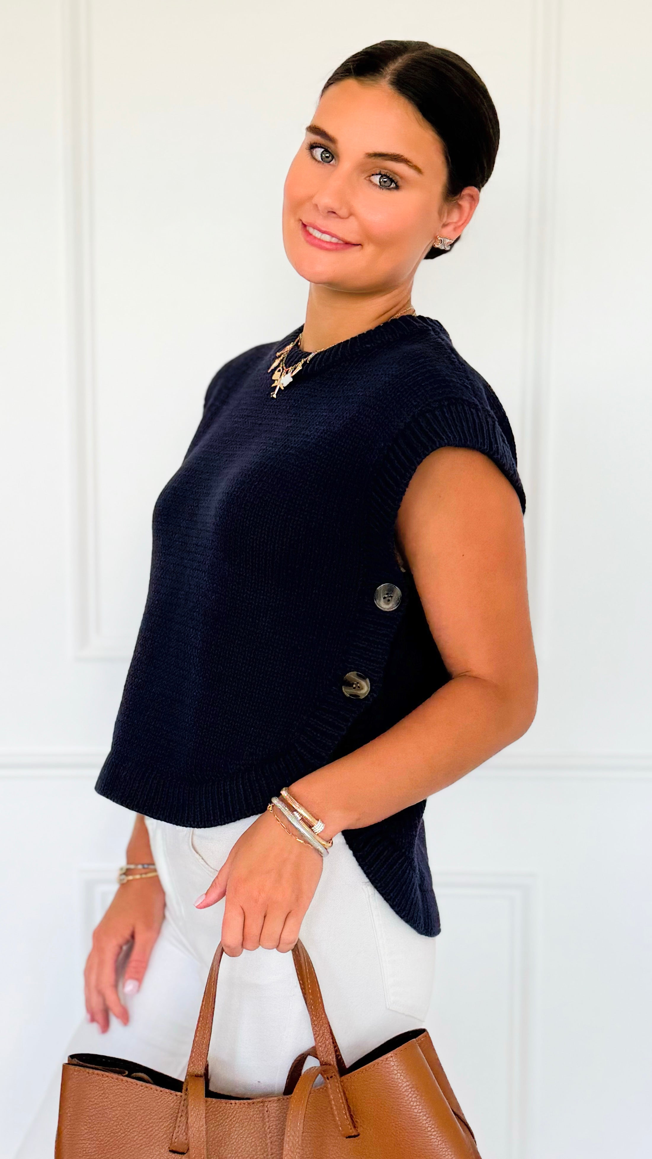 Signature Side Button Knit Vest - Midnight Navy-150 Cardigans/Layers-idem ditto-Coastal Bloom Boutique, find the trendiest versions of the popular styles and looks Located in Indialantic, FL