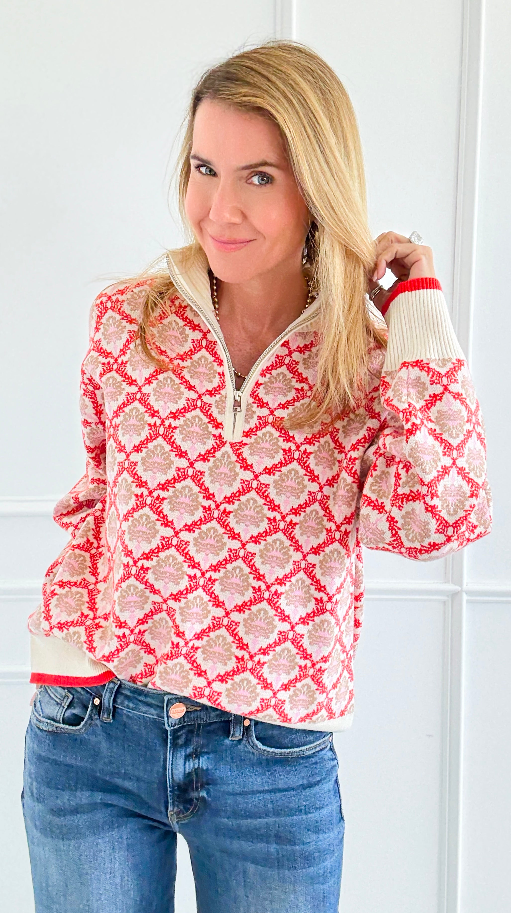 Tri-Bloom Zip Mock Sweater-Cream/Orange-140 Sweaters-&MERCI-Coastal Bloom Boutique, find the trendiest versions of the popular styles and looks Located in Indialantic, FL