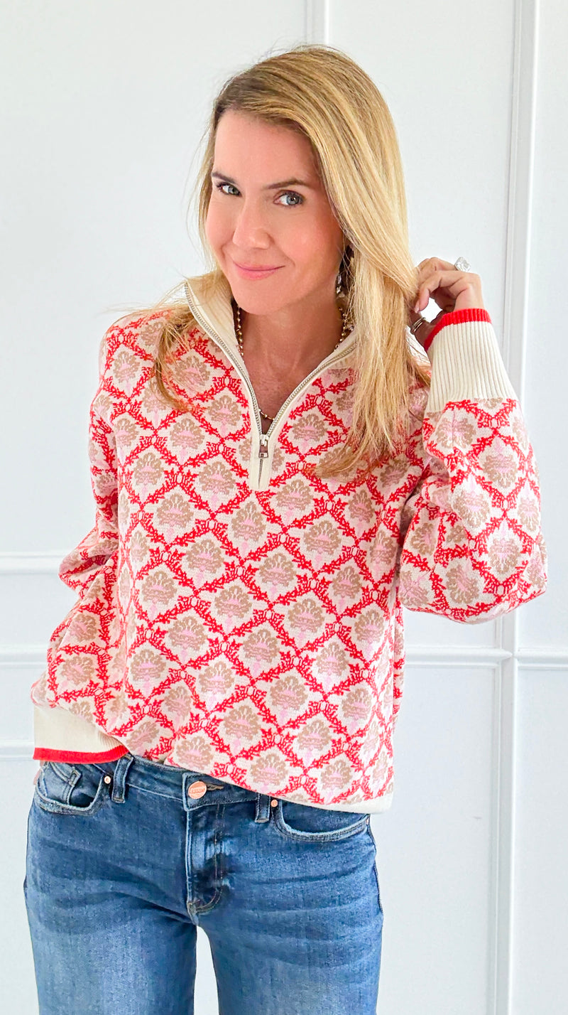 Tri-Bloom Zip Mock Sweater-Cream/Orange-140 Sweaters-&MERCI-Coastal Bloom Boutique, find the trendiest versions of the popular styles and looks Located in Indialantic, FL