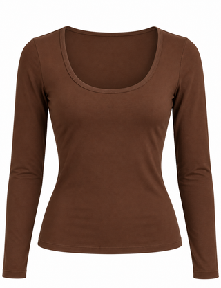 Everyday Scoop Neck Long Sleeve Top - Brown