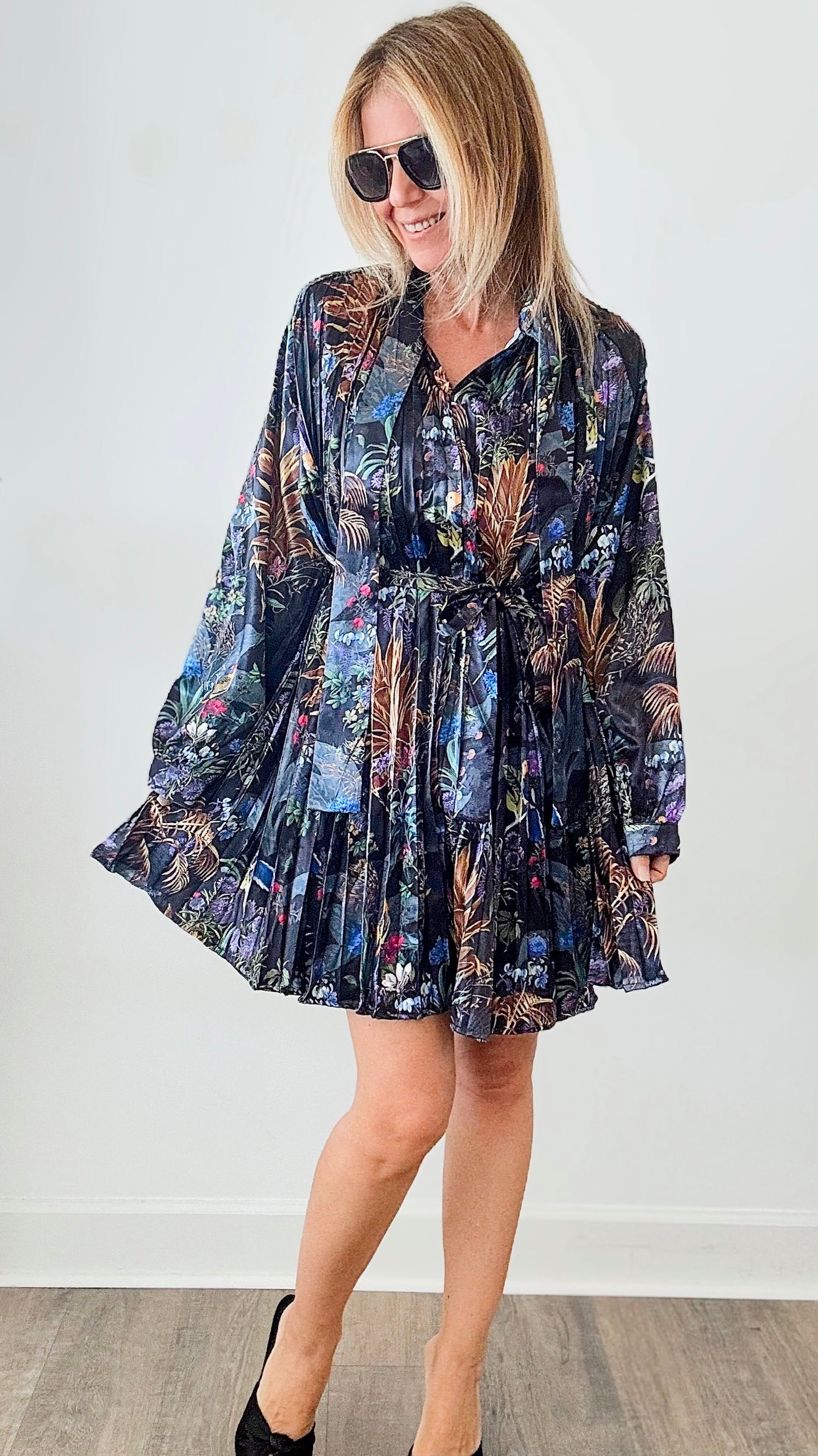 Magical Jungle Pleated Dress-130 Long Sleeve Tops-Beulah Style-Coastal Bloom Boutique, find the trendiest versions of the popular styles and looks Located in Indialantic, FL
