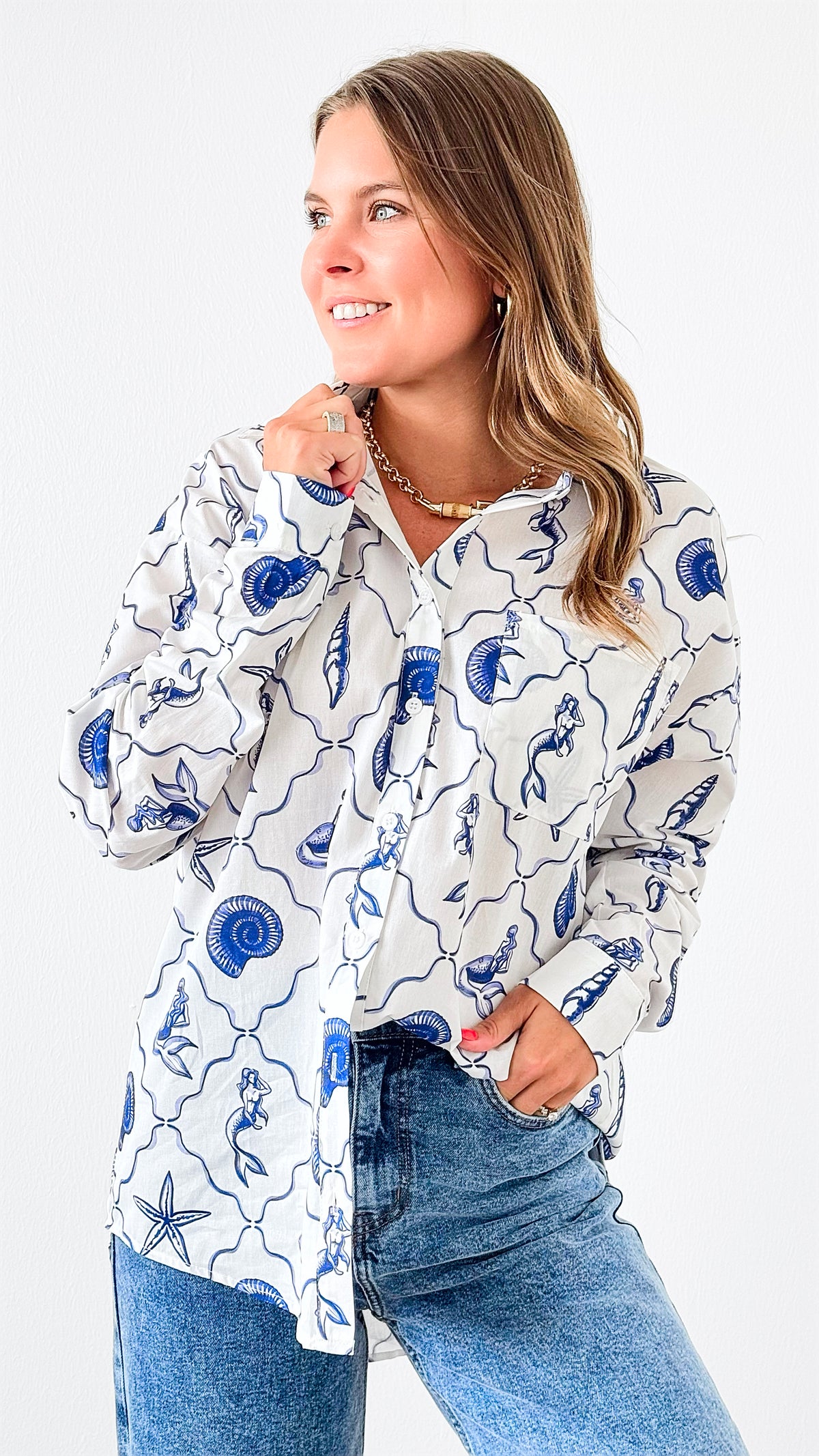 Mermaid & Shell Printed Blouse-150 Cardigans/Layers-Bailey Rose-Coastal Bloom Boutique, find the trendiest versions of the popular styles and looks Located in Indialantic, FL