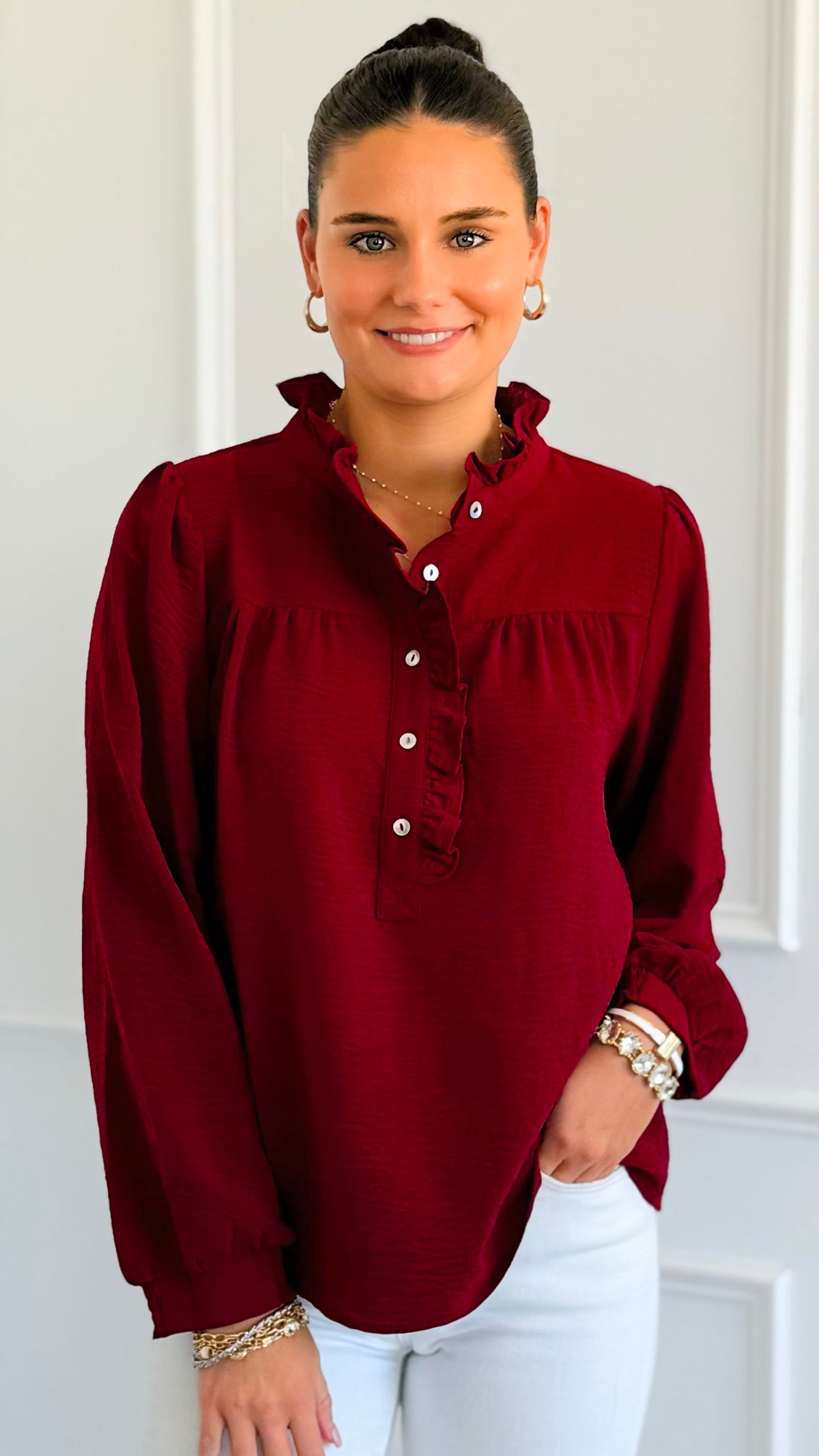 Victorian Muse Ruffle Top - Burgundy-130 Long Sleeve Tops-JODIFL-Coastal Bloom Boutique, find the trendiest versions of the popular styles and looks Located in Indialantic, FL