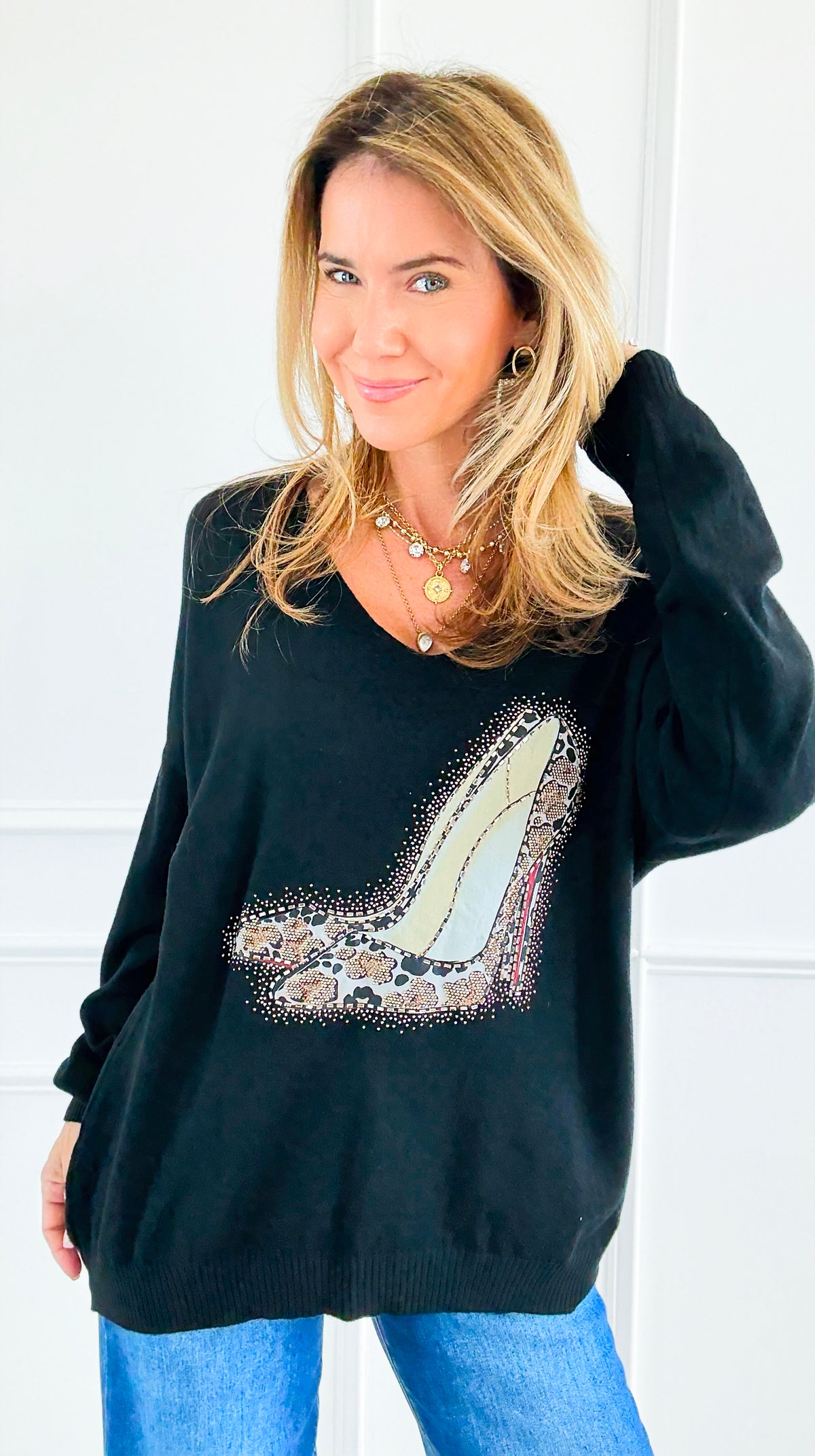 Studded Stilettos Italian Sweater-140 Sweaters-CRIS S.R.L.-Coastal Bloom Boutique, find the trendiest versions of the popular styles and looks Located in Indialantic, FL