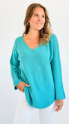 Soho Italian V-Neck Pullover - Turquoise-140 Sweaters-Italianissimo-Coastal Bloom Boutique, find the trendiest versions of the popular styles and looks Located in Indialantic, FL