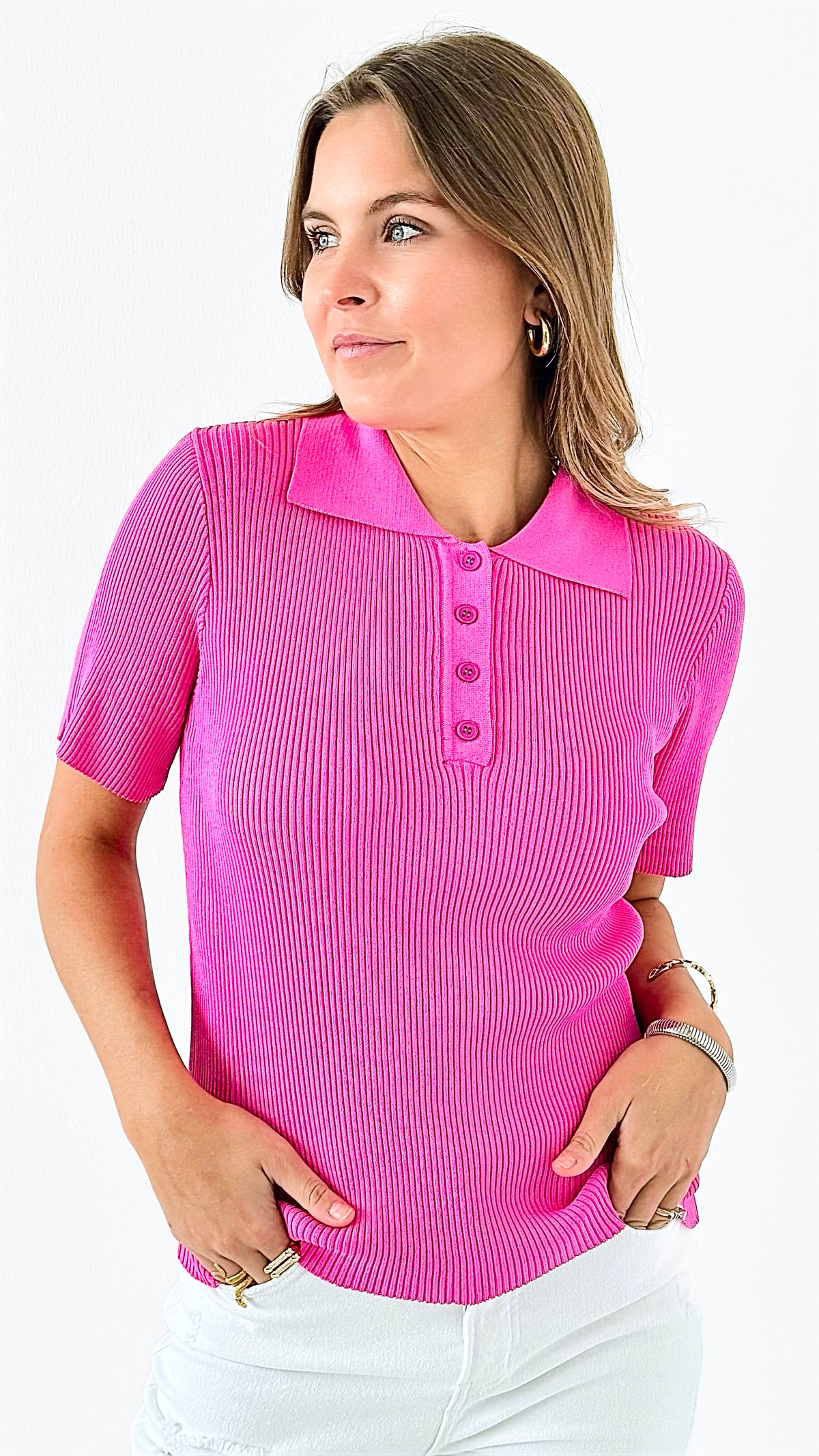 Effortless Button-Up Knit Tee - Hot Pink-110 Short Sleeve Tops-Jodifl-Coastal Bloom Boutique, find the trendiest versions of the popular styles and looks Located in Indialantic, FL