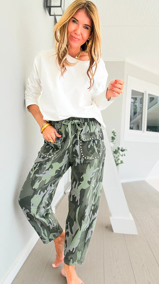 Camo Studded Pocket Italian Jogger Pant - Olive