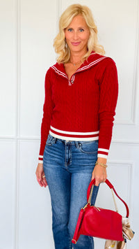 Seabreeze Cable Knit Sailor Sweater - Red-140 Sweaters-LOVE TREE-Coastal Bloom Boutique, find the trendiest versions of the popular styles and looks Located in Indialantic, FL