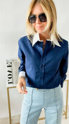 Ladies Two Button Collar French Cuff Navy Shirt-130 Long Sleeve Tops-Grenouille-Coastal Bloom Boutique, find the trendiest versions of the popular styles and looks Located in Indialantic, FL