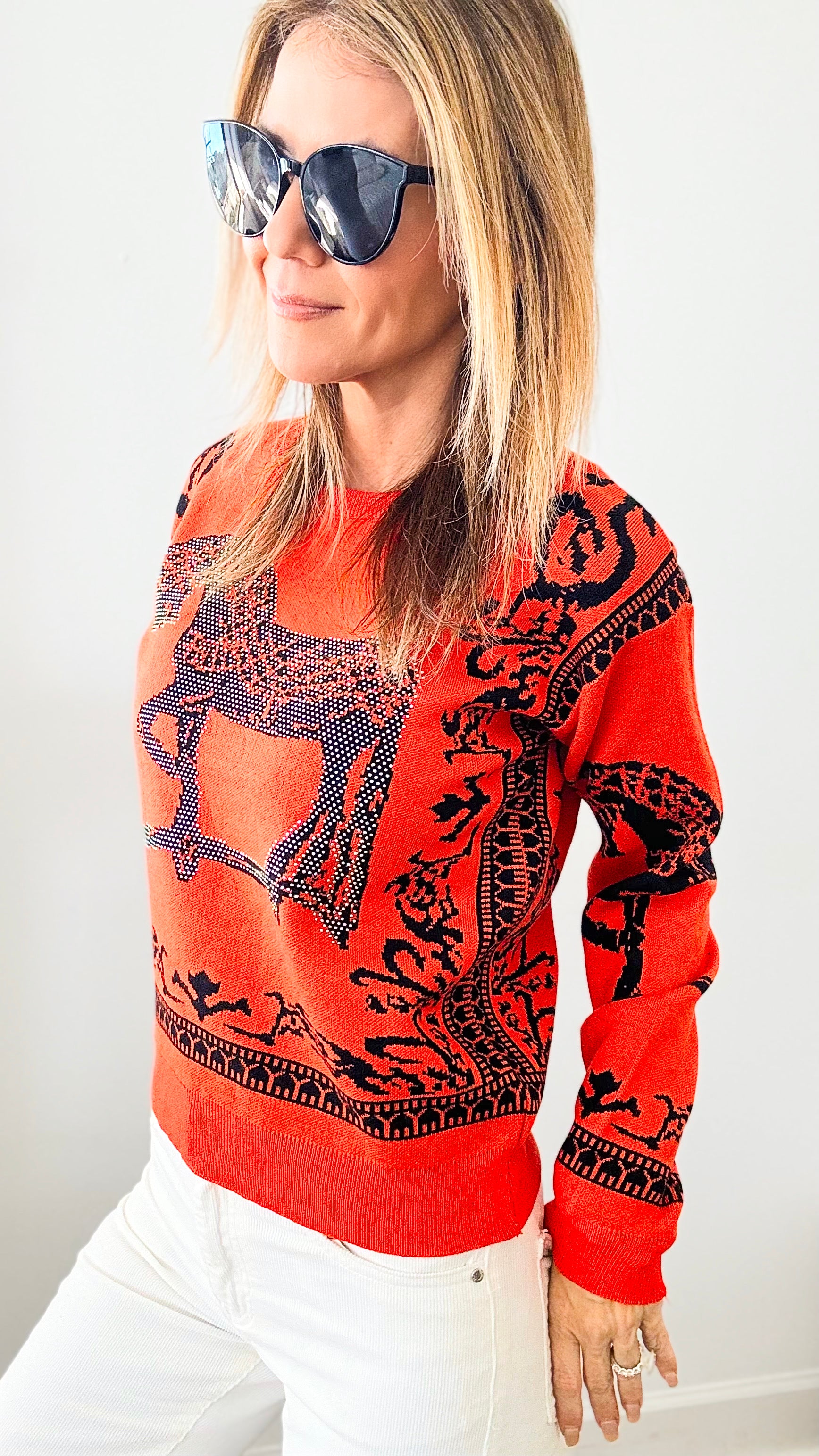 Rich in Orange Equestrian Iridescent Horsebit Sweater-140 Sweaters-Chasing Bandits-Coastal Bloom Boutique, find the trendiest versions of the popular styles and looks Located in Indialantic, FL