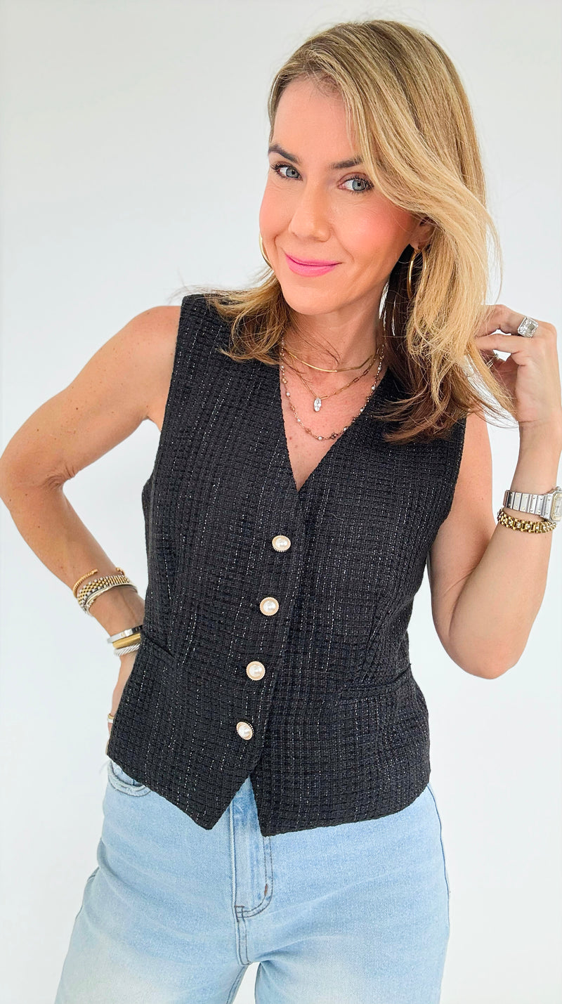 Eternal Grace Tweed Vest - Black-100 Sleeveless Tops-Must Have-Coastal Bloom Boutique, find the trendiest versions of the popular styles and looks Located in Indialantic, FL