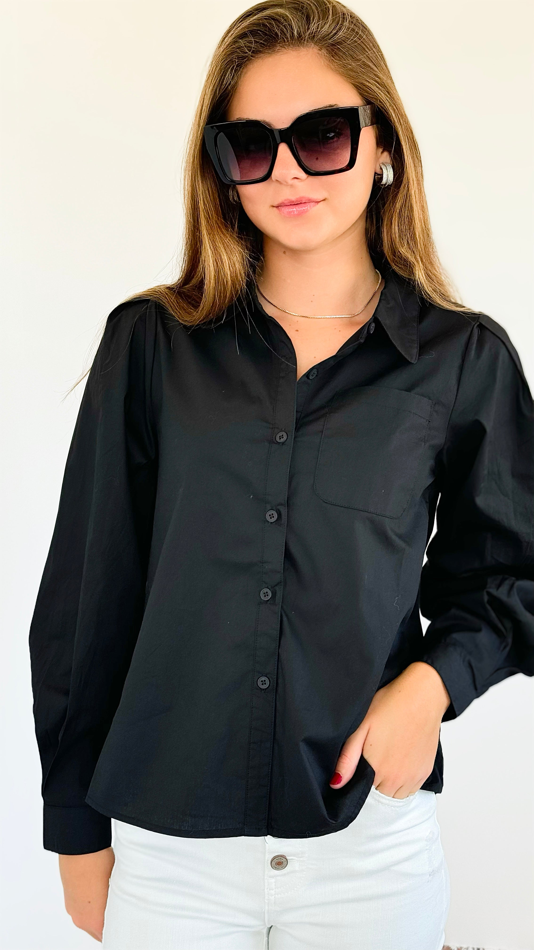 Poplin Puff Sleeve Solid Shirt Top - Black-130 Long Sleeve Tops-VERY J-Coastal Bloom Boutique, find the trendiest versions of the popular styles and looks Located in Indialantic, FL