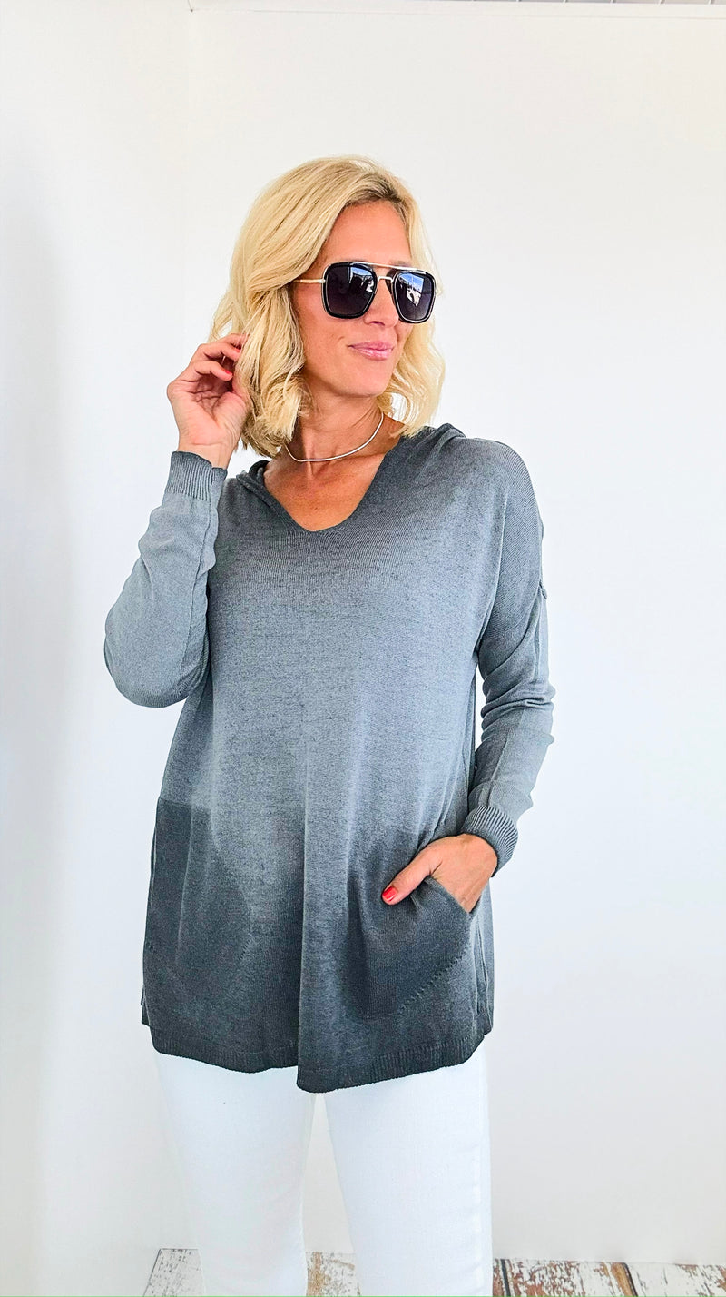 Hoodie V-Neck Italian Sweatshirt Top - Gray-130 Long Sleeve Tops-Tempo-Coastal Bloom Boutique, find the trendiest versions of the popular styles and looks Located in Indialantic, FL