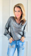 Metallic Cowl Neck Blouse - Black-100 Sleeveless Tops-mystree-Coastal Bloom Boutique, find the trendiest versions of the popular styles and looks Located in Indialantic, FL