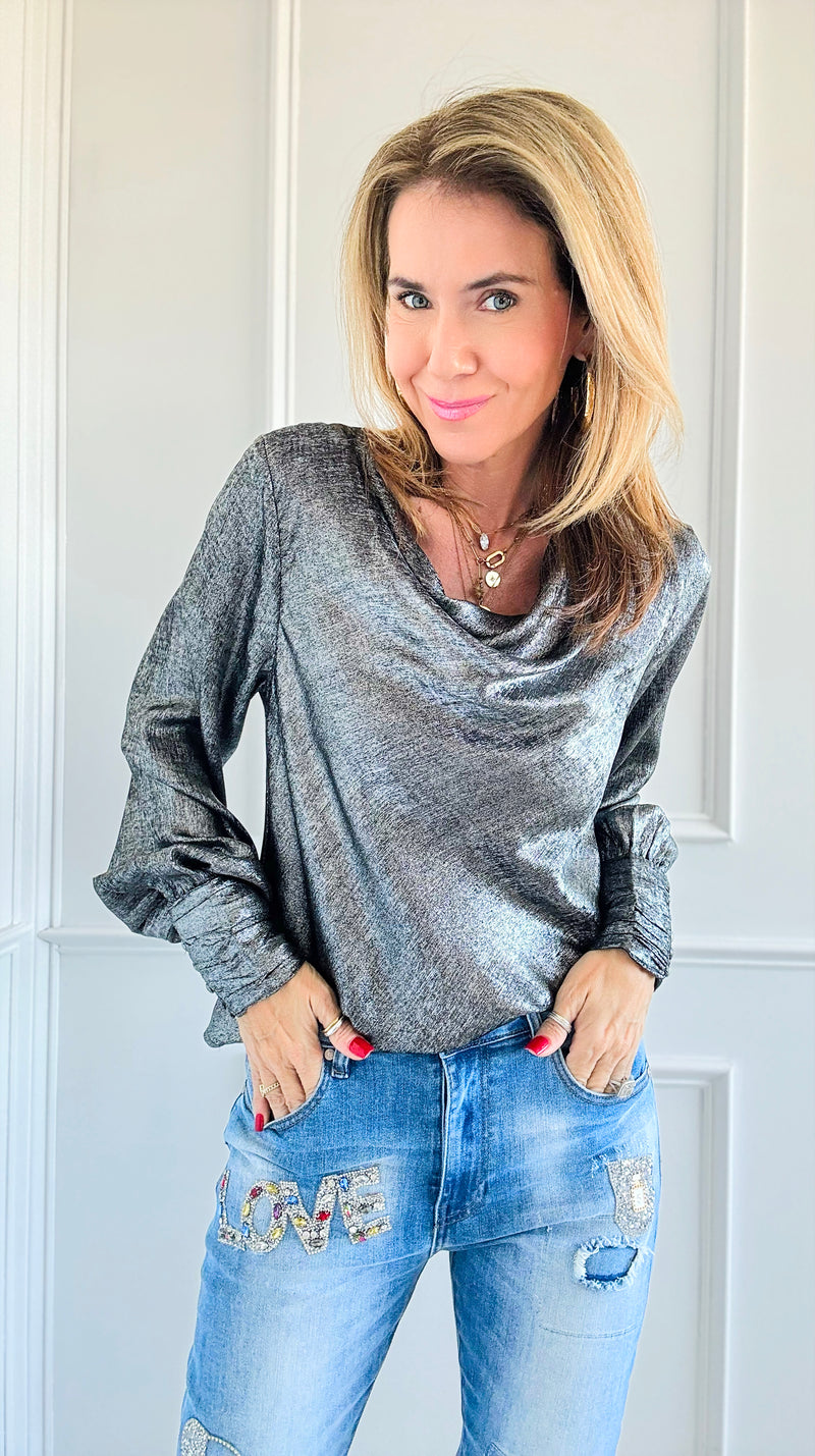 Metallic Cowl Neck Blouse - Black-100 Sleeveless Tops-mystree-Coastal Bloom Boutique, find the trendiest versions of the popular styles and looks Located in Indialantic, FL