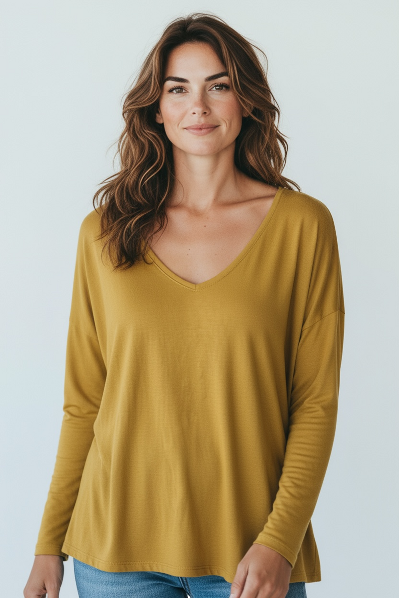 Italian V-Neck Jersey Top-Mustard-110 Long Sleeve Tops-FATTURA ACCOMPAGNATORIA-Coastal Bloom Boutique, find the trendiest versions of the popular styles and looks Located in Indialantic, FL