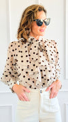 Dot Darling Ruffle Italian Button Down Top-110 Long Sleeve Tops-AZUL MONACO-Coastal Bloom Boutique, find the trendiest versions of the popular styles and looks Located in Indialantic, FL