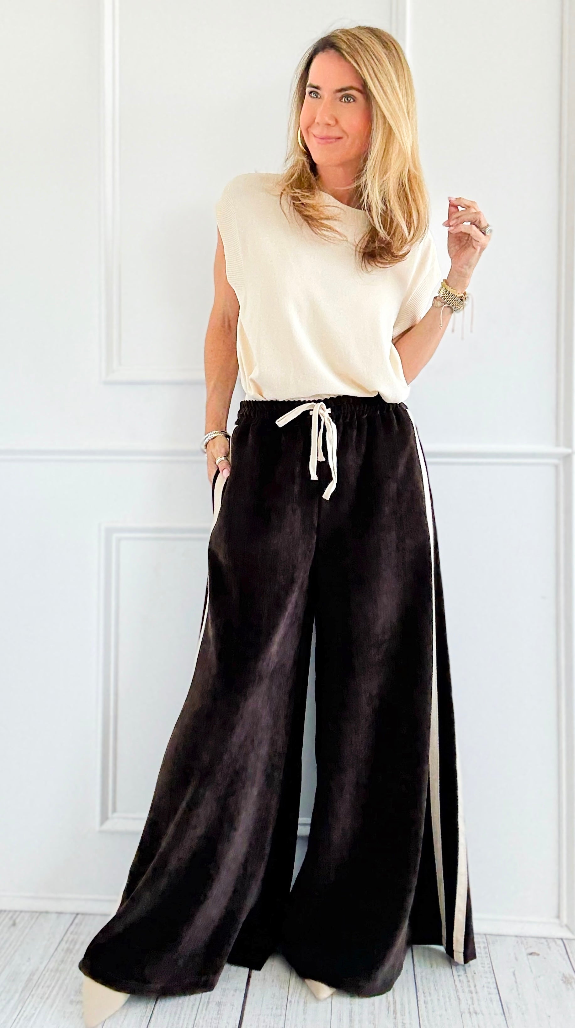Tracked Threads Italian Palazzo- Chocolate-100 Pants-AZUL MONACO-Coastal Bloom Boutique, find the trendiest versions of the popular styles and looks Located in Indialantic, FL