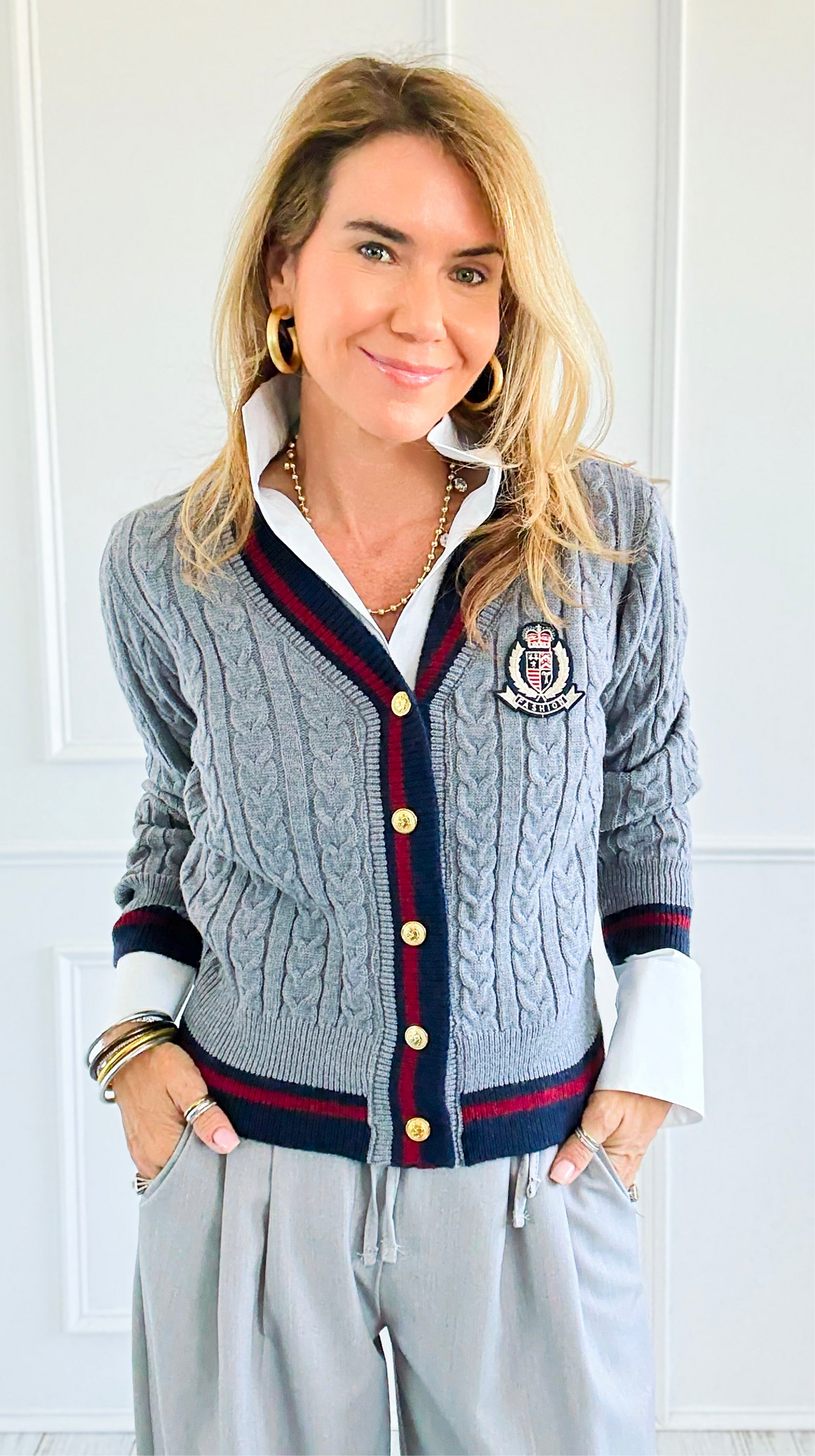 Fashion Varsity Italian Cardigan Sweater-Grey-150 Cardigans/Layers-Italianissimo-Coastal Bloom Boutique, find the trendiest versions of the popular styles and looks Located in Indialantic, FL
