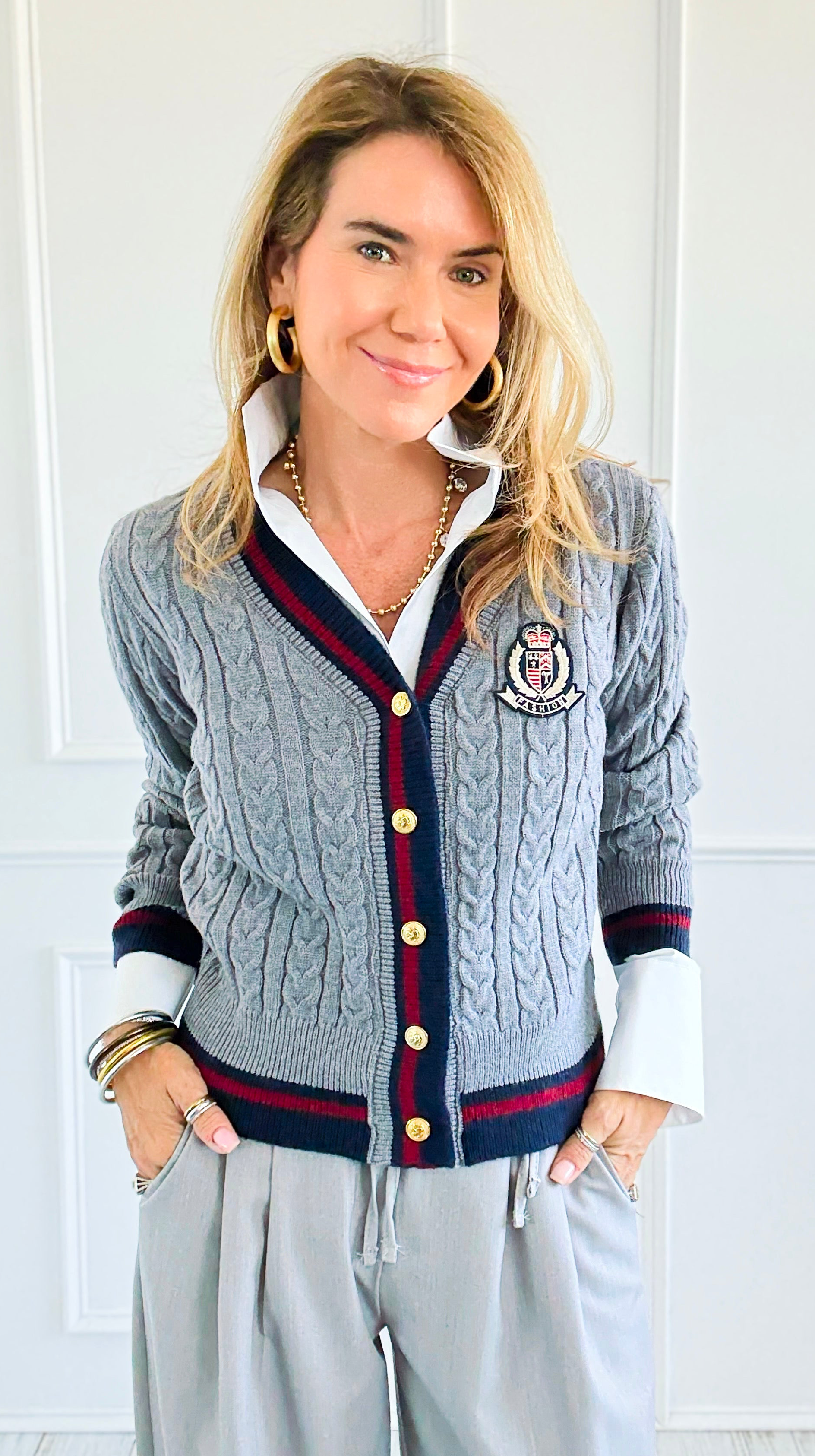 Fashion Varsity Italian Cardigan Sweater-Grey-150 Cardigans/Layers-Italianissimo-Coastal Bloom Boutique, find the trendiest versions of the popular styles and looks Located in Indialantic, FL